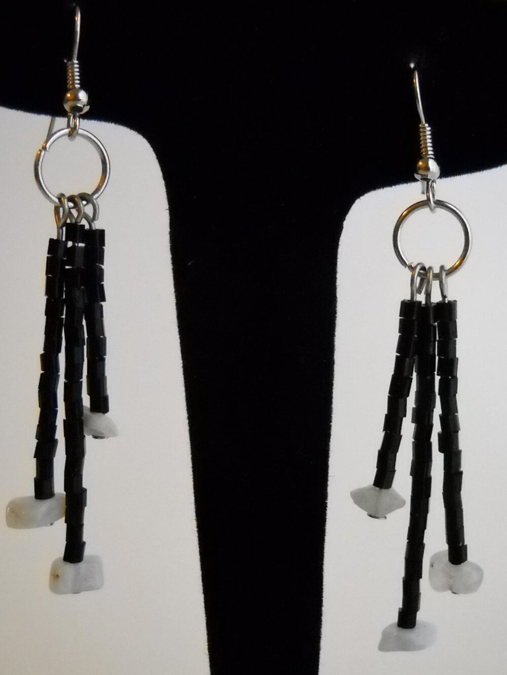 Black Glass White Stone Beaded Handmade Earrings